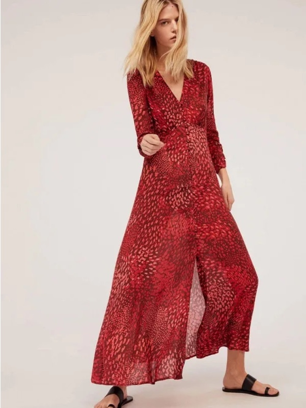 Oysho Deep Red V-Neck Printed Maxi Dress